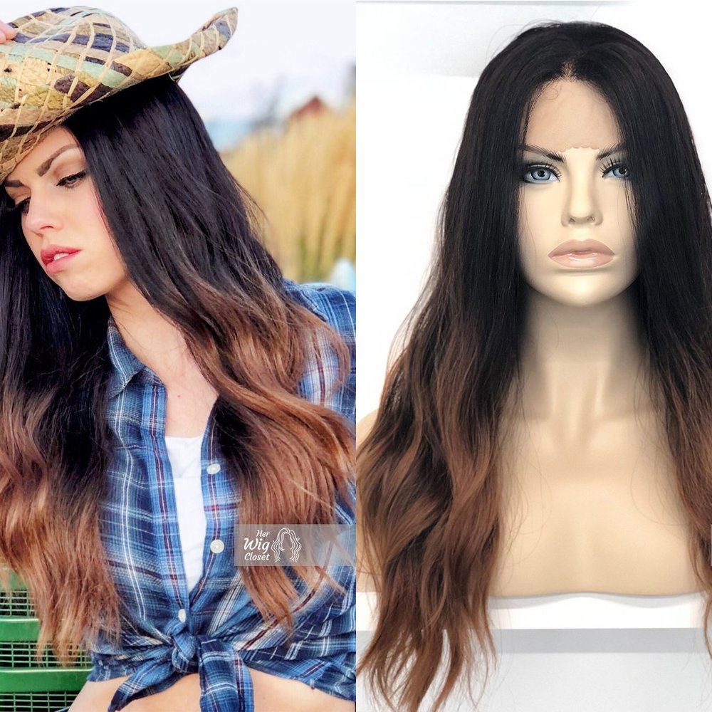 24" Black Brown Ombre Wavy Lace Front Wig